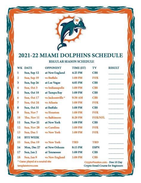 Miami Dolphins Printable Schedule 2021